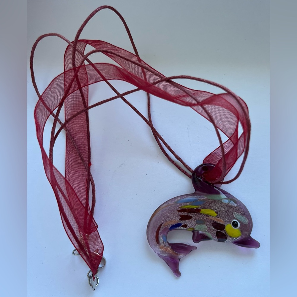 New Silver Glass Dolphin Pendant with Burgundy Ribbon/Cord Necklace